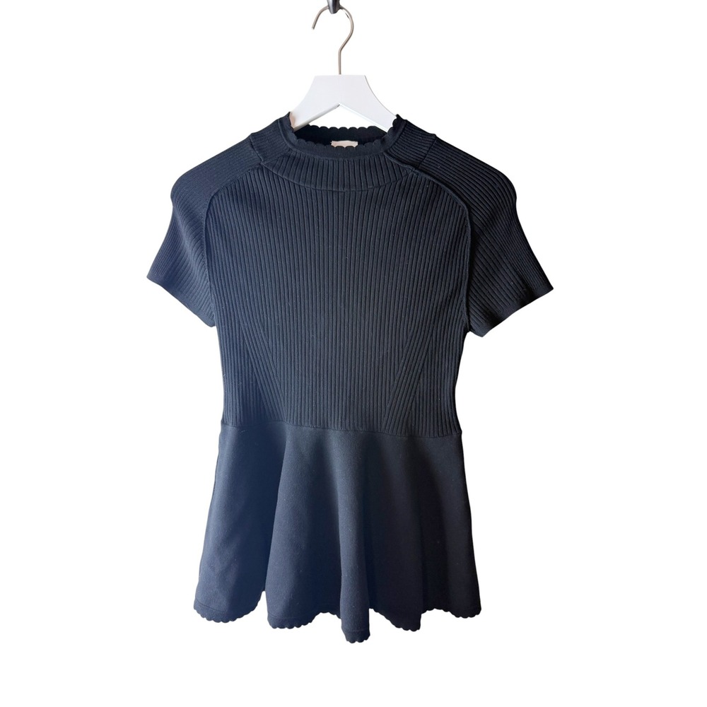 Maeve Black Ribbed Knit Peplum Top Mock Neck Scalloped Short Sleeve Size M